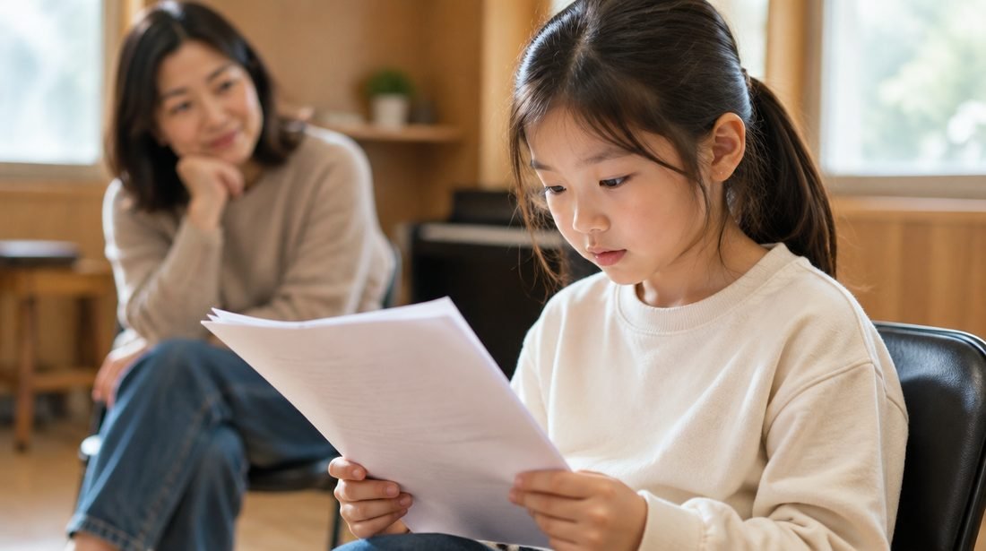 밝은 실내에서 대본을 함께 읽으며 연기 연습을 돕는 한국인 부모와 집중한 표정의 아이