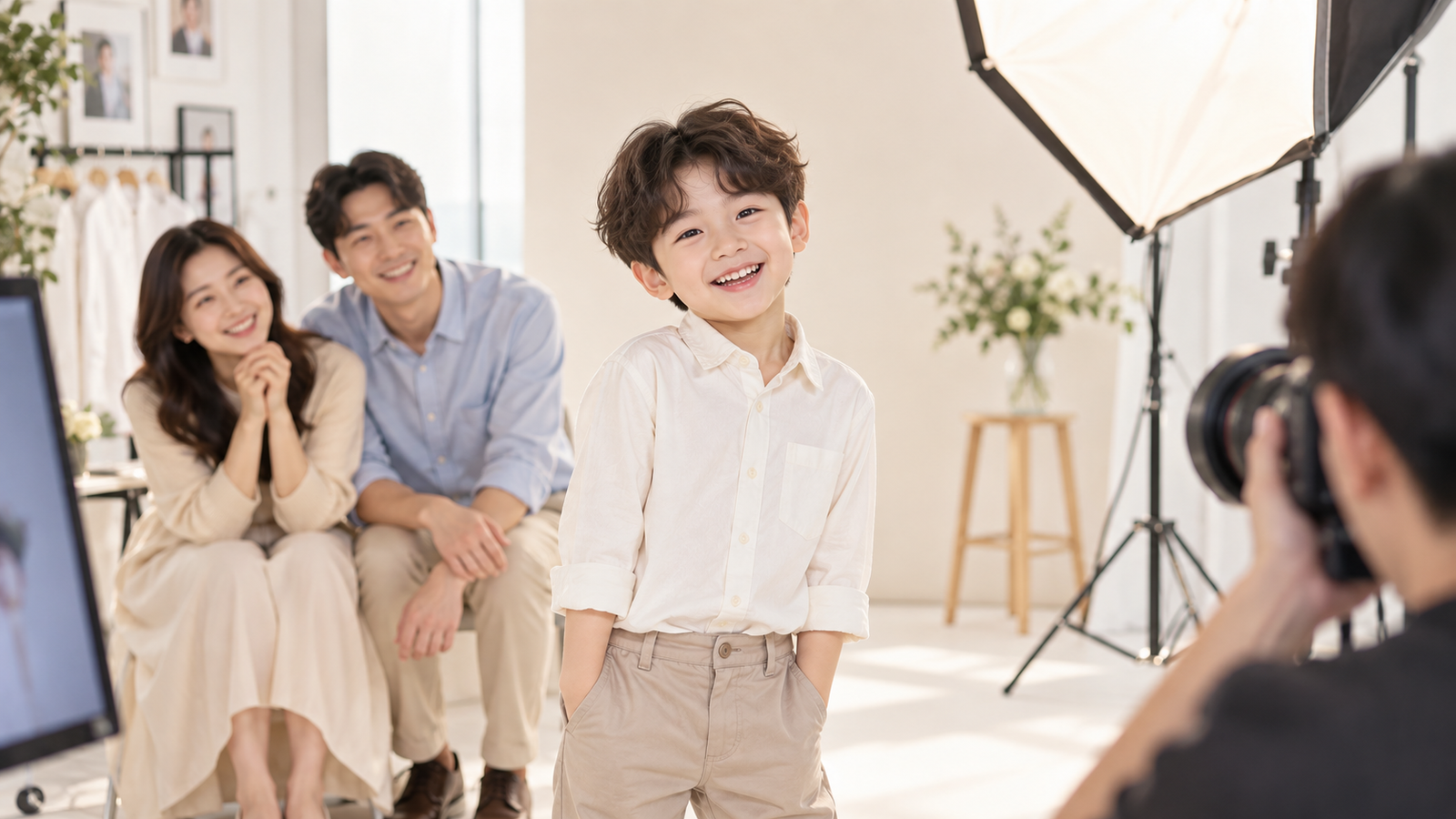 스튜디오에서 촬영하는 한국인 키즈모델 어린이와 지켜보는 부모